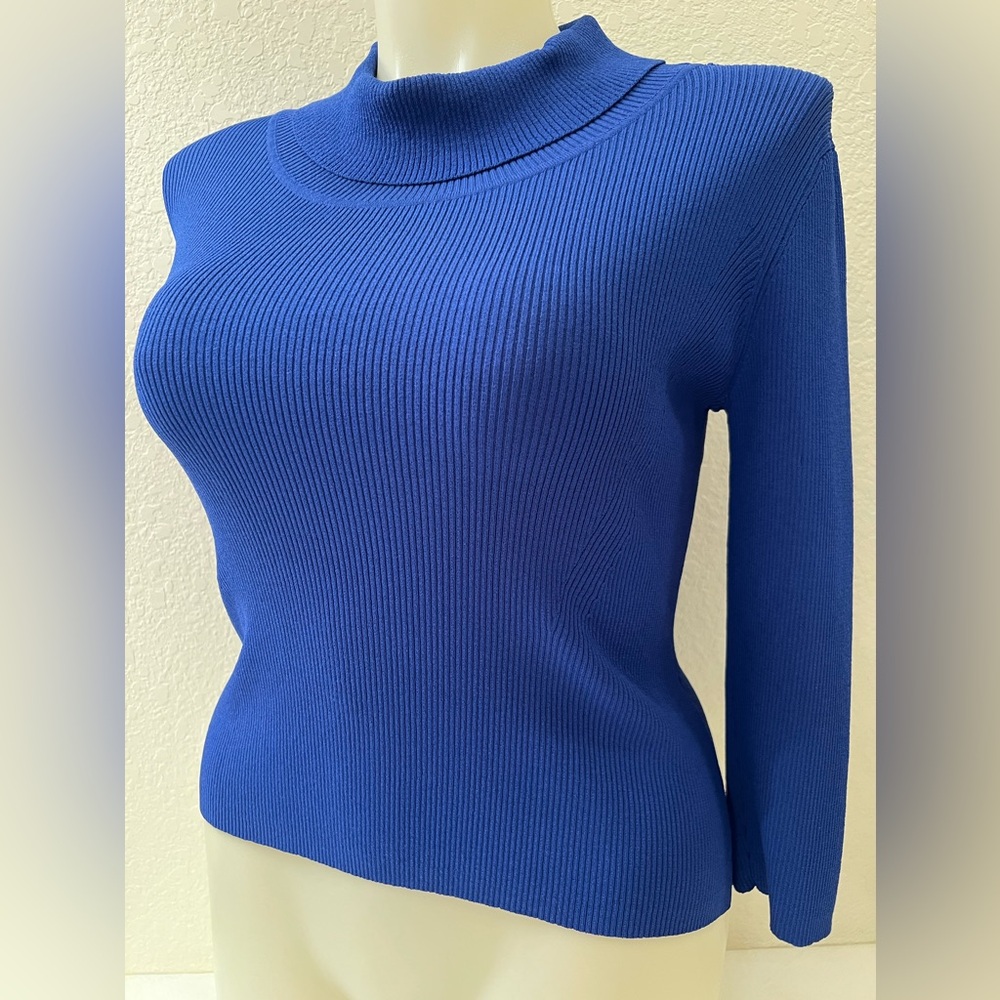 Jones New York Rib Knit Turtleneck PL Petite Large Cobalt Blue 3/4 Sleeves